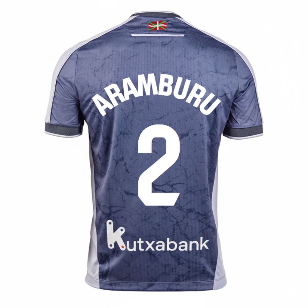 Real Sociedad Away Kit Aramburu #2 (La Liga) – striped and blue retro football jersey front view