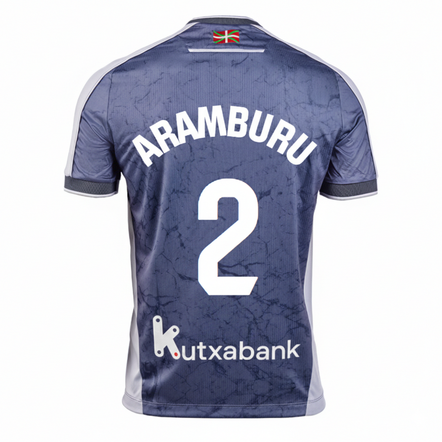 Real Sociedad Away Kit Aramburu #2 (La Liga) – striped and blue retro football jersey front view