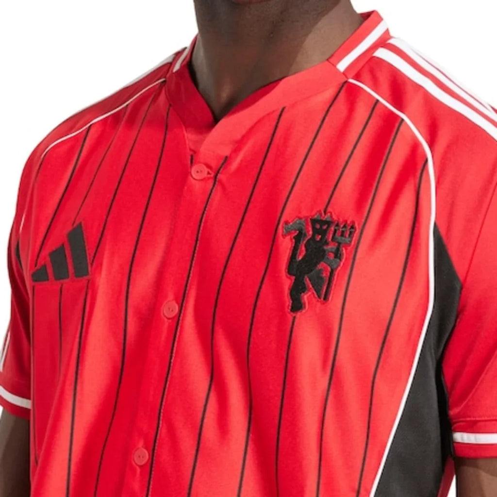 Manchester United Adidas Baseball Jersey – striped and navy and white retro football jersey detail view