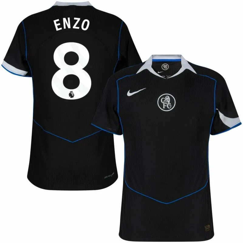 Chelsea Enzo Fernández 3rd Kit 2025/26 (Premier League) – geometric and blue and black retro football jersey detail view