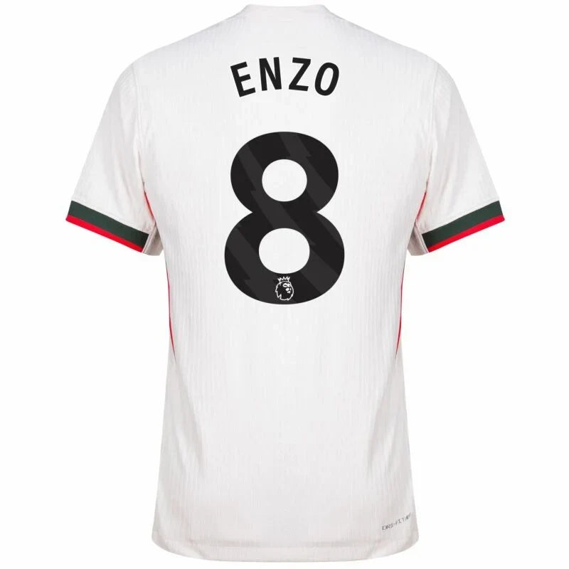 Chelsea Enzo Fernández Away Kit 2025/26 (Premier League) – geometric and blue and black and striped and white retro football jersey front view