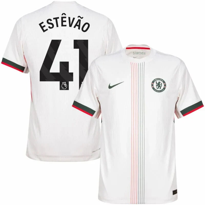 Chelsea Estêvão Away Kit 2025/26 (Premier League) – geometric and blue and black and striped and white retro football jersey back view