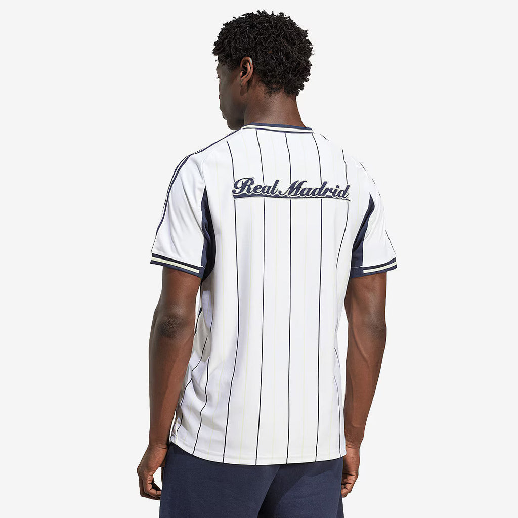 Real Madrid Adidas Baseball Jersey – striped and red retro football jersey back view