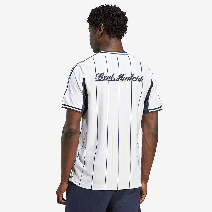 Real Madrid Adidas Baseball Jersey – striped and red retro football jersey back view
