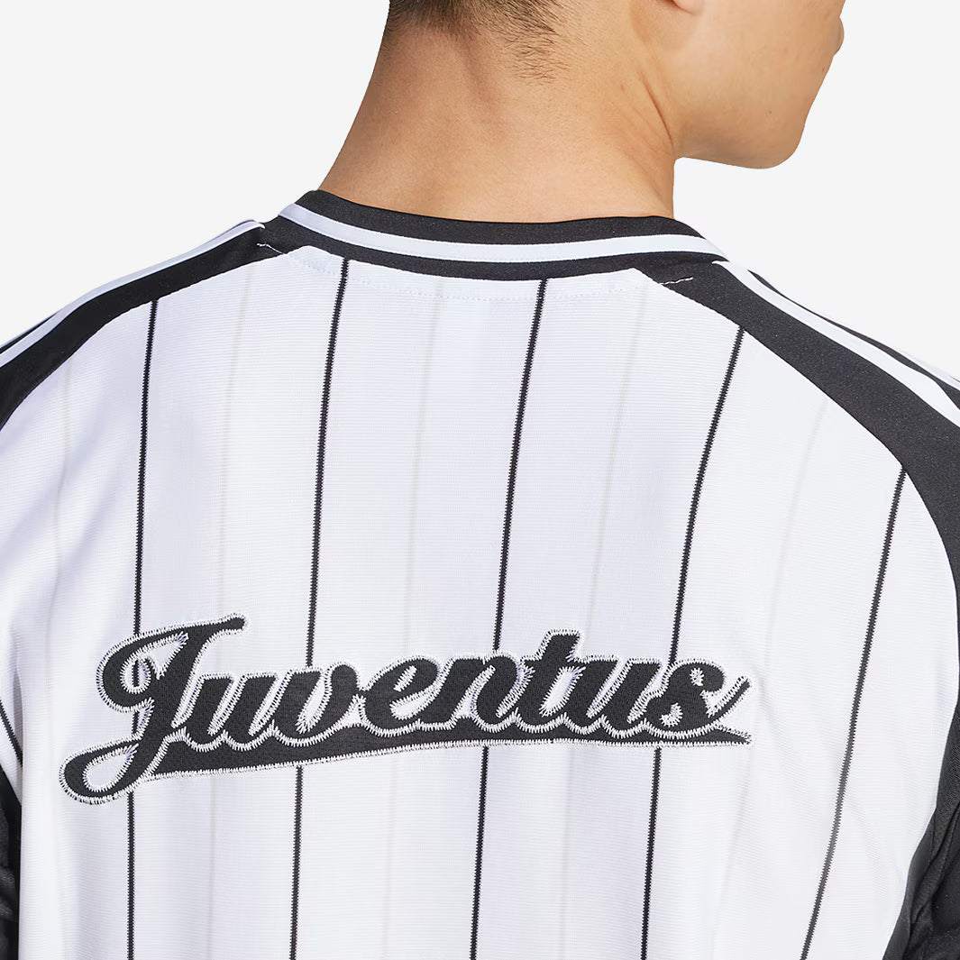 Juventus Adidas Baseball Jersey – striped and navy and white retro football jersey back view