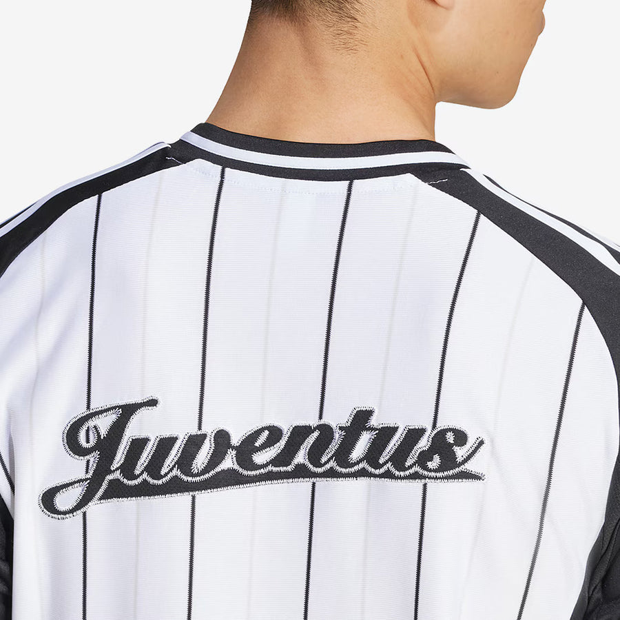 Juventus Adidas Baseball Jersey – striped and navy and white retro football jersey back view