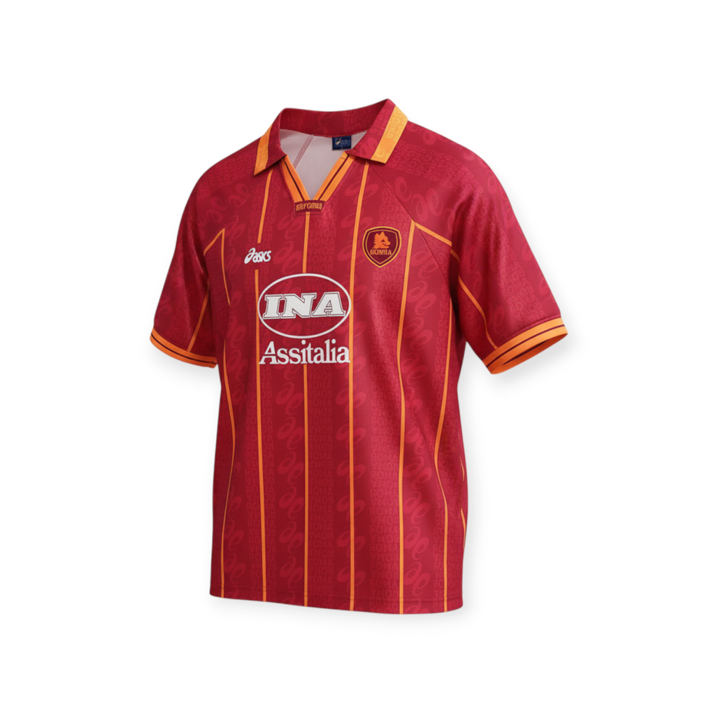 Archive Football Roma 1996/97 home retro jersey in red with yellow pinstripes, embroidered crest, and sponsor logo.