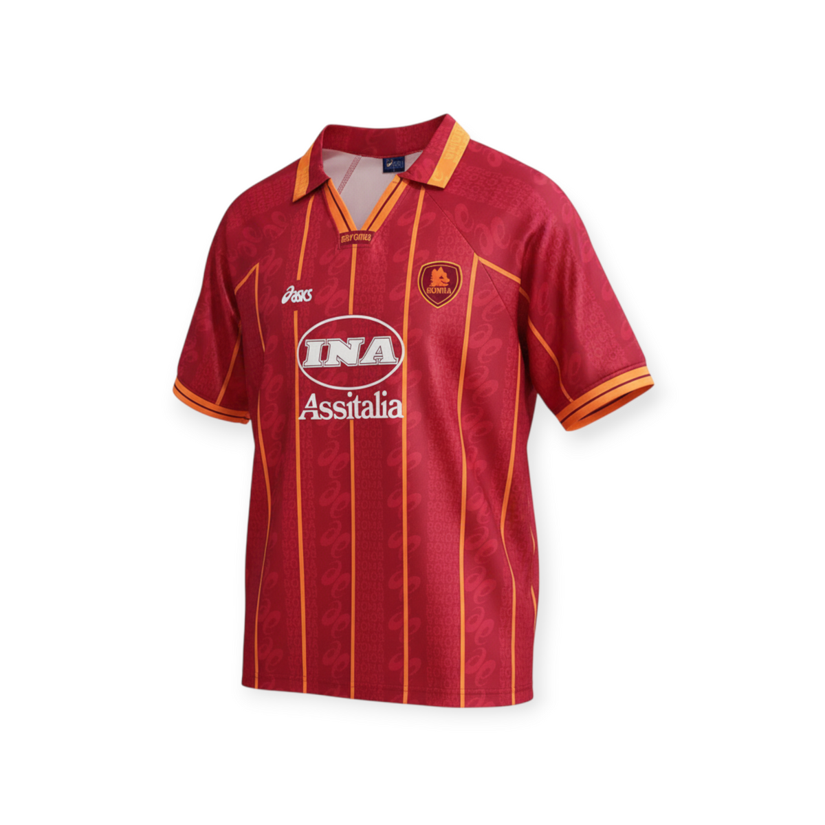 Archive Football Roma 1996/97 home retro jersey in red with yellow pinstripes, embroidered crest, and sponsor logo.