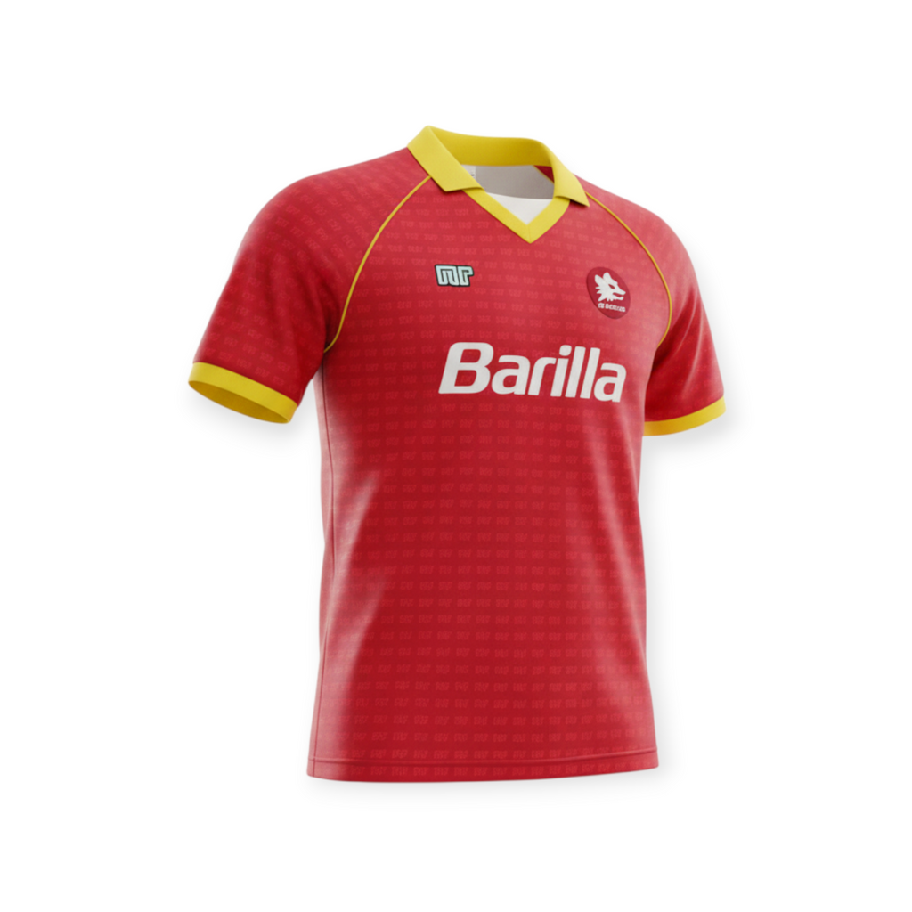 Archive Football Roma 1988-90 home retro jersey in red with yellow collar, cuffs, and classic Barilla sponsor logo.