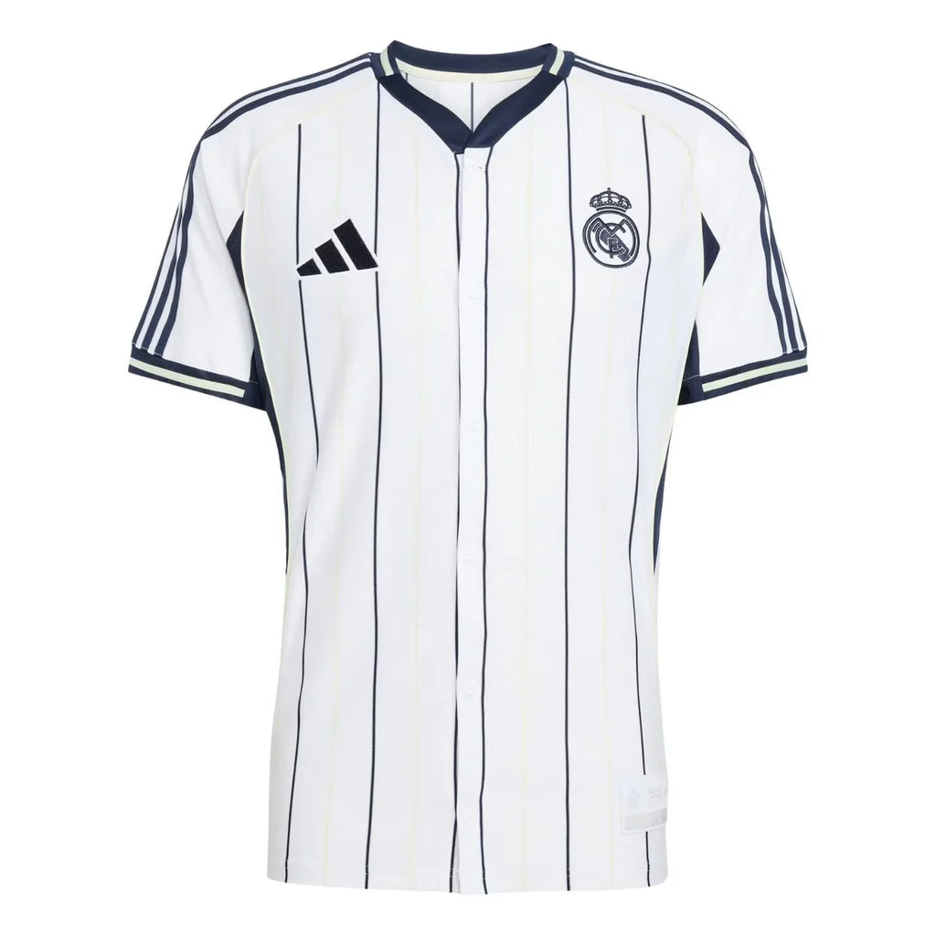 Real Madrid Adidas Baseball Jersey – striped and red retro football jersey front view