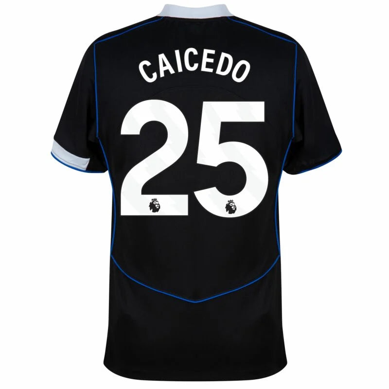 Chelsea Moisés Caicedo 3rd Kit 2025/26 (Premier League) – geometric and blue and black retro football jersey front view