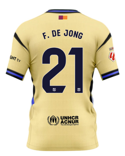 Barcelona Away Kit F. de Jong #21 2025/26 (La Liga) – beige and yellow retro football jersey front view