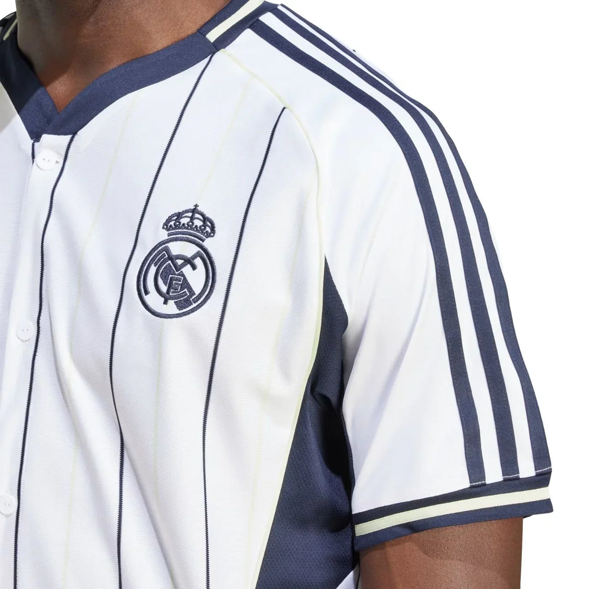 Real Madrid Adidas Baseball Jersey – striped and red retro football jersey detail view