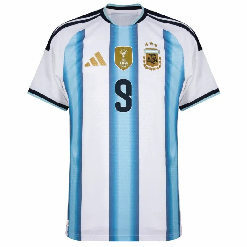 Argentina Julián Álvarez #9 Home Kit - 2026 World Cup – striped retro football jersey back view