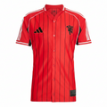 Manchester United Adidas Baseball Jersey – striped and navy and white retro football jersey front view