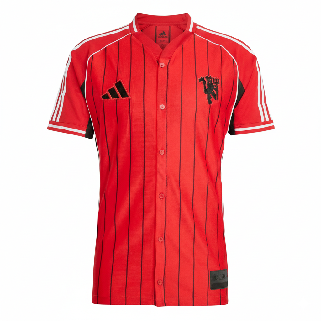 Manchester United Adidas Baseball Jersey – striped and navy and white retro football jersey front view