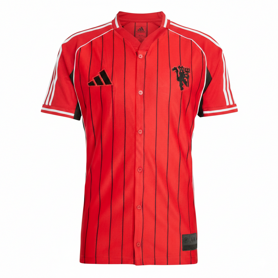 Manchester United Adidas Baseball Jersey – striped and navy and white retro football jersey front view