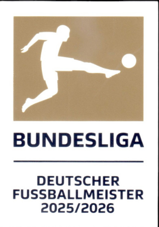 A rectangular Bundesliga football championship badge or sticker on a solid black background. The badge has a white border, featuring a tan square with a white silhouette of a soccer player kicking a ball, and the text 'BUNDESLIGA' and 'DEUTSCHER FUSSBALLMEISTER 2025/2026' in dark blue.