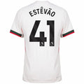 Chelsea Estêvão Away Kit 2025/26 (Premier League) – geometric and blue and black and striped and white retro football jersey front view