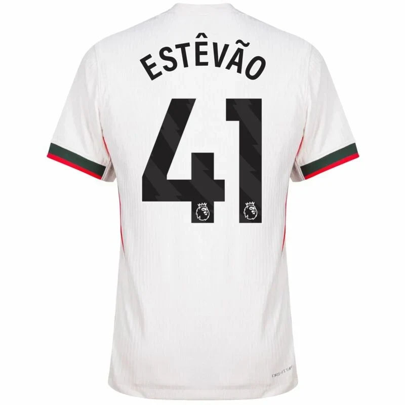 Chelsea Estêvão Away Kit 2025/26 (Premier League) – geometric and blue and black and striped and white retro football jersey front view