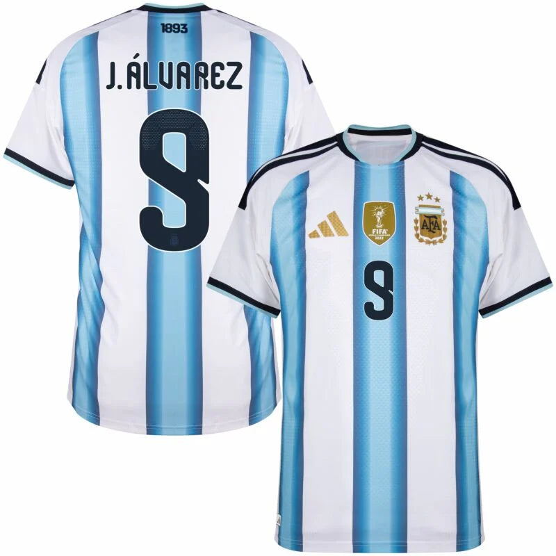 Argentina Julián Álvarez #9 Home Kit - 2026 World Cup – striped retro football jersey detail view