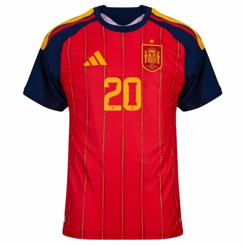 Spain Pedri #20 Home Kit - 2026 World Cup – striped and red and geometric retro football jersey back view
