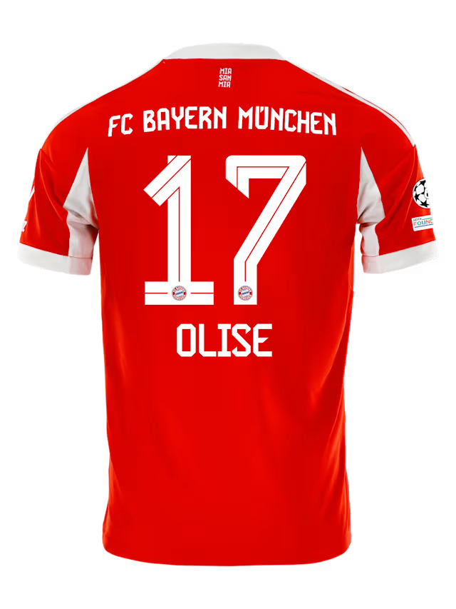 Bayern Munich Olise Home Kit 2025/26 (Champions League) – red and striped retro football jersey front view