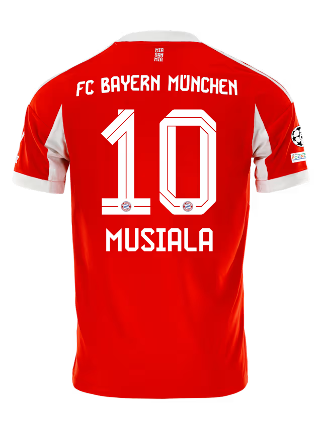 Bayern Munich Musiala Home Kit 2025/26 (Champions League) – red and striped retro football jersey front view