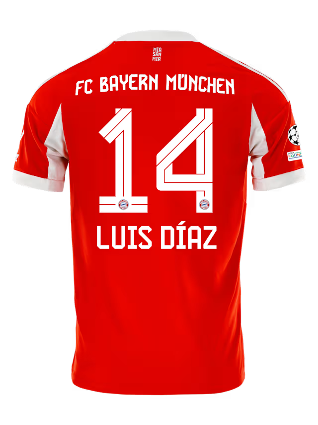 Bayern Munich Luis Díaz Home Kit 2025/26 (Champions League) – red and striped retro football jersey front view