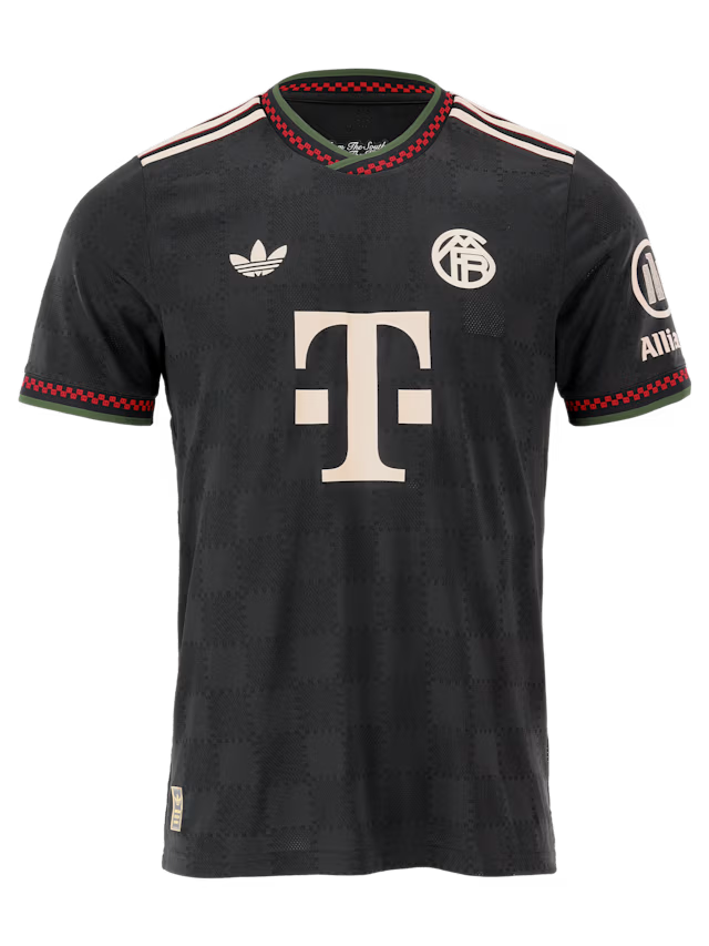 Bayern Munich Kane 3rd Kit 2025/26 (Champions League) – red and striped and black retro football jersey back view