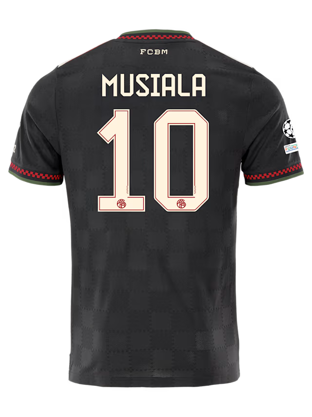Bayern Munich Musiala 3rd Kit 2025/26 (Champions League) – red and striped and black retro football jersey front view