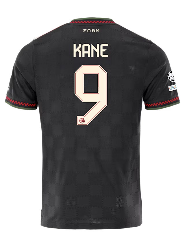 Bayern Munich Kane 3rd Kit 2025/26 (Champions League) – red and striped and black retro football jersey front view