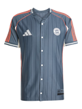 Bayern Munich Adidas Baseball Jersey – striped and navy and white retro football jersey front view