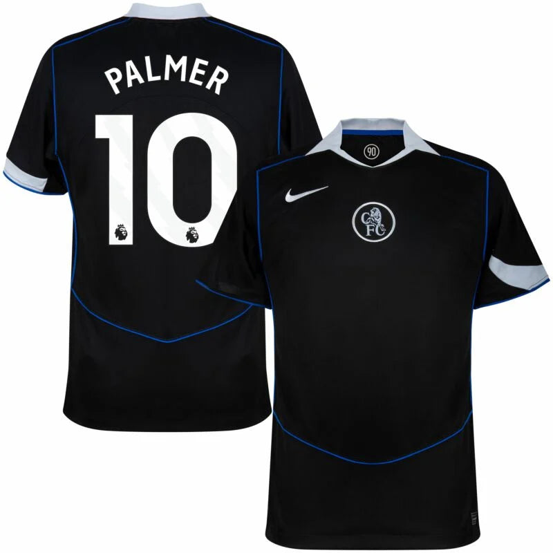 Chelsea Cole Palmer 3rd Kit 2025/26 (Premier League) – geometric and blue and black retro football jersey detail view