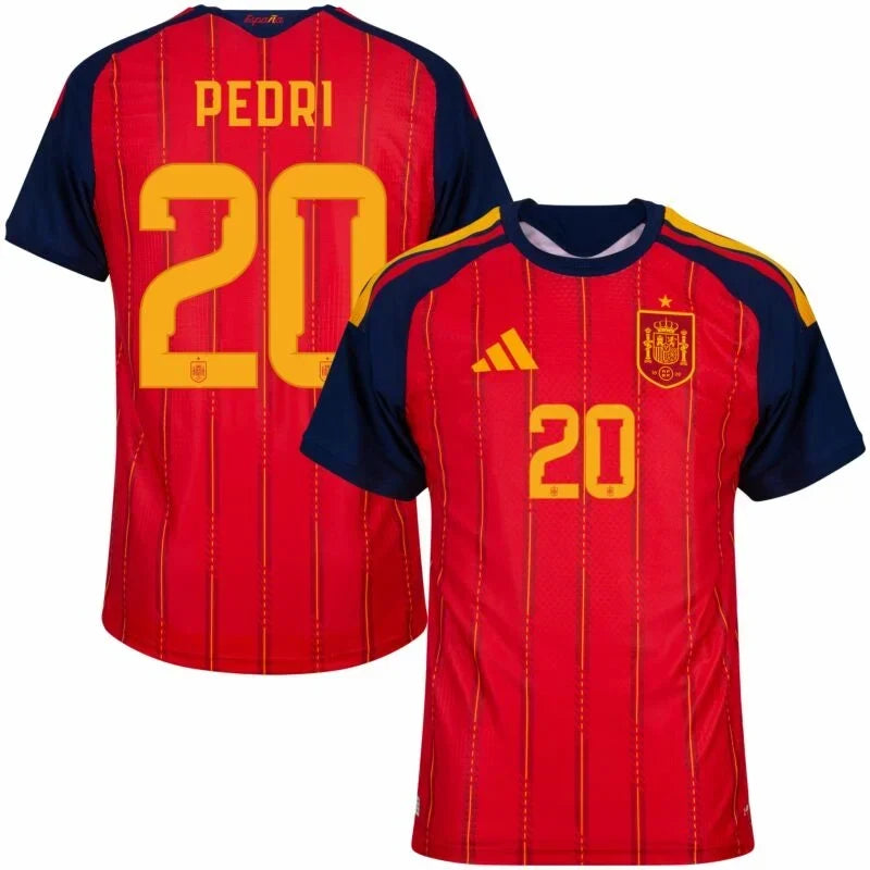 Spain Pedri #20 Home Kit - 2026 World Cup – striped and red and geometric retro football jersey detail view