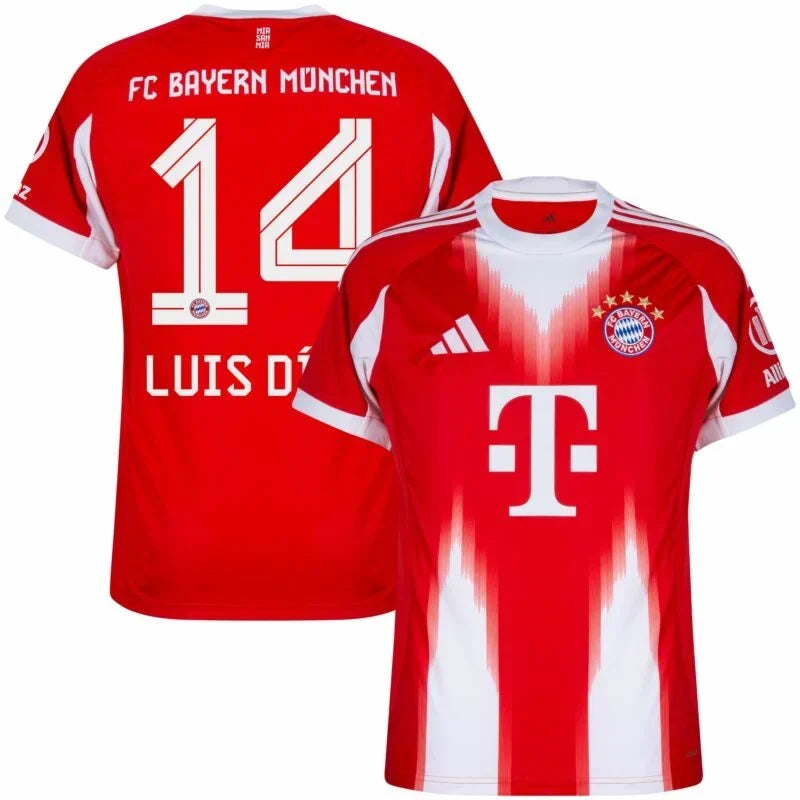 Bayern Munich Luis Díaz Home Kit 2025/26 (Champions League) – red and striped retro football jersey detail view
