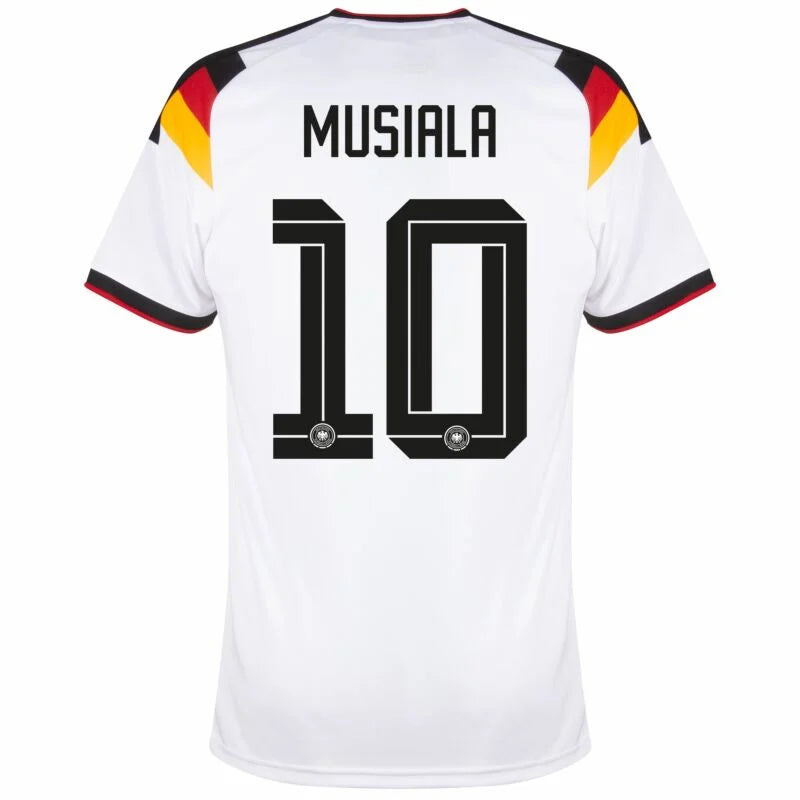 Germany Musiala #10 Home Kit - 2026 World Cup – striped and white and geometric retro football jersey front view