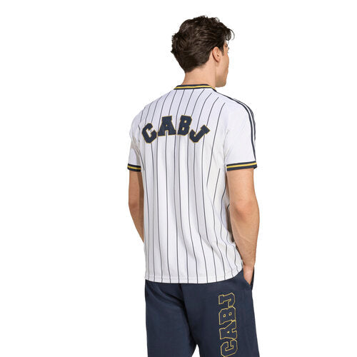 Boca Juniors Adidas Baseball Jersey – striped and navy and white retro football jersey side view