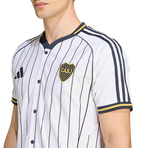 Boca Juniors Adidas Baseball Jersey – striped and navy and white retro football jersey detail view