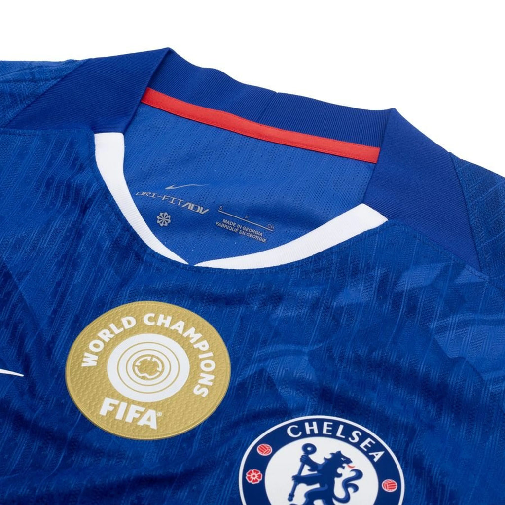 Chelsea Home Kit 2025/26 WC Champions – geometric and blue retro football jersey detail view