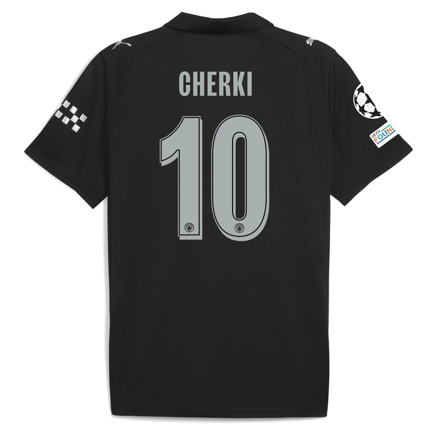 Manchester City Away Kit 25/26 Player Version Cherki - (Champions League) – black and striped retro football jersey front view