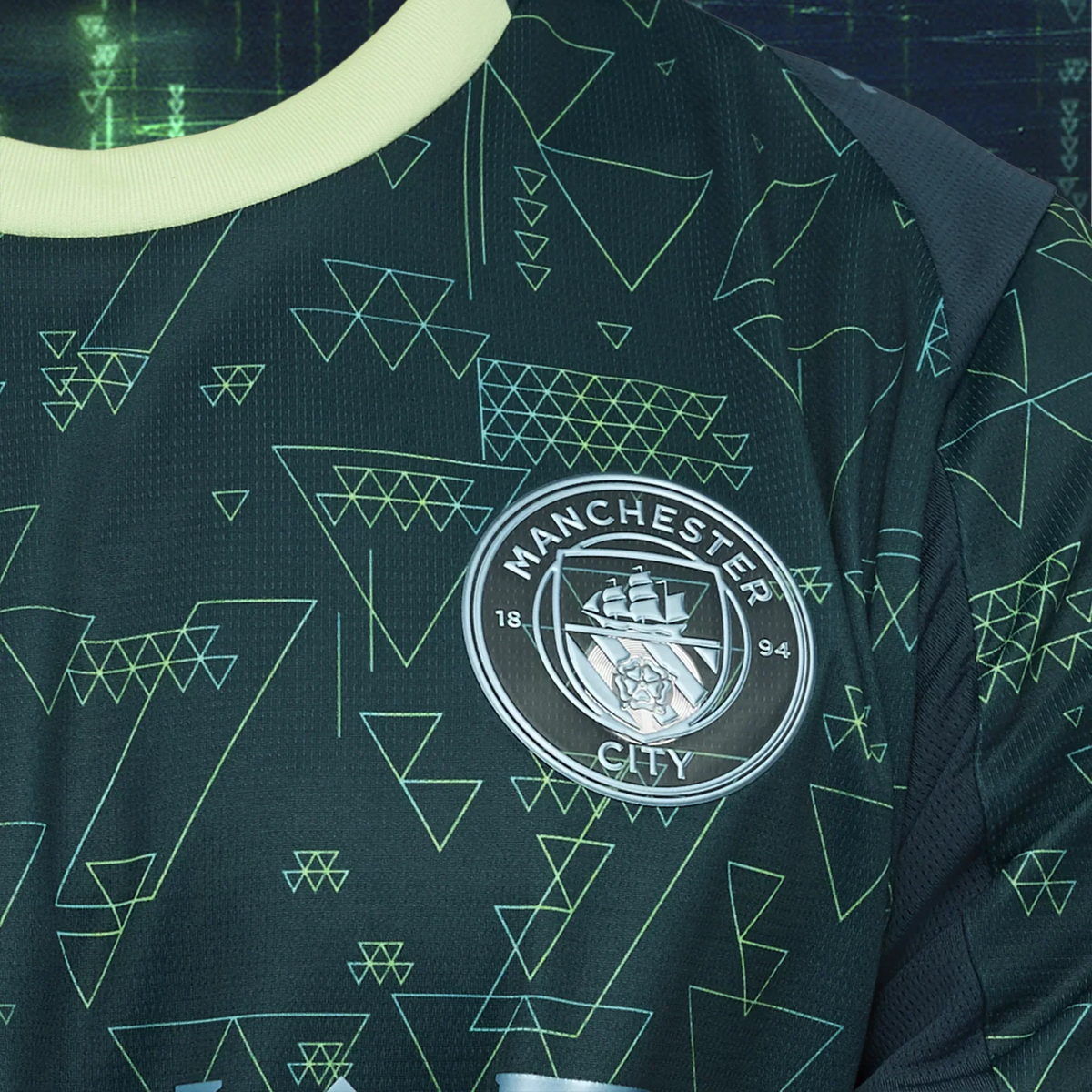 Manchester City 4th Kit 2025/26 – geometric retro football jersey detail view