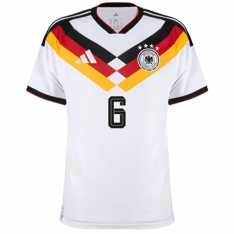 Germany Kimmich #6 Home Kit - 2026 World Cup – striped and white and geometric retro football jersey back view
