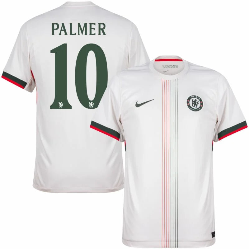 Chelsea Cole Palmer Away Kit 2025/26 (Champions League) – geometric and blue and black and striped and white retro football jersey detail view