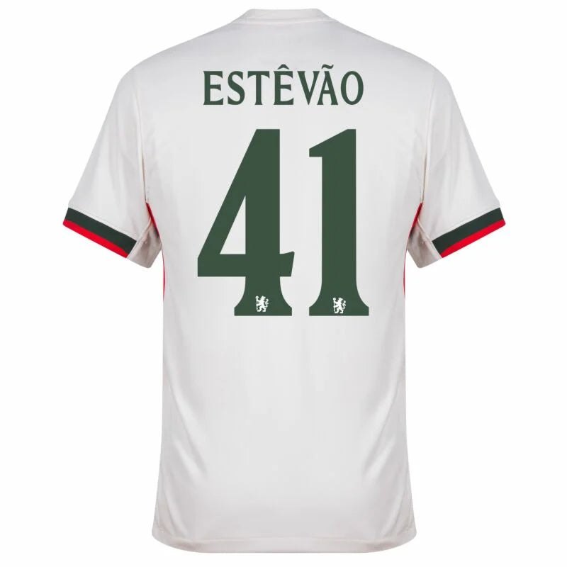 Chelsea Estêvão Away Kit 2025/26 (Champions League) – geometric and blue and black and striped and white retro football jersey front view
