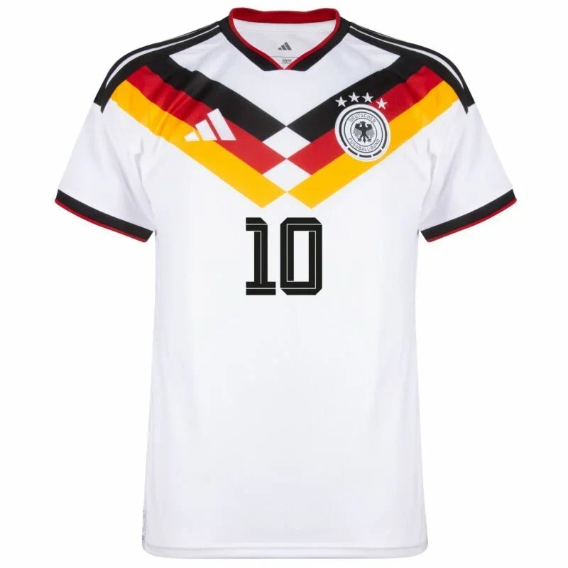 Germany Musiala #10 Home Kit - 2026 World Cup – striped and white and geometric retro football jersey back view