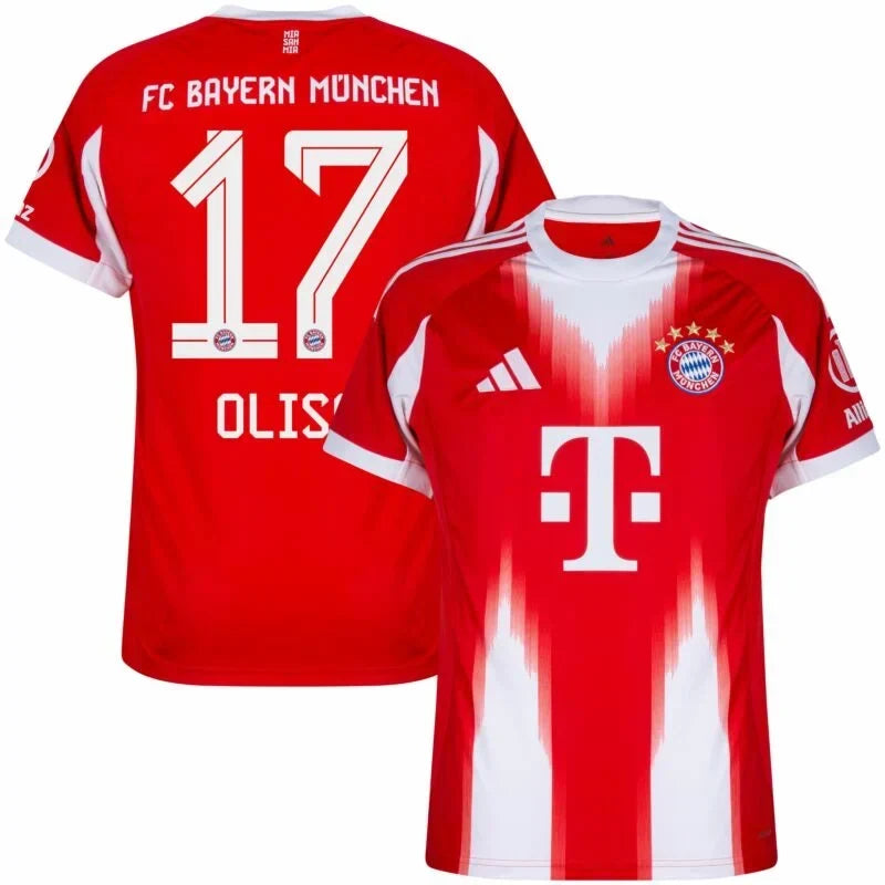 Bayern Munich Olise Home Kit 2025/26 (Champions League) – red and striped retro football jersey detail view