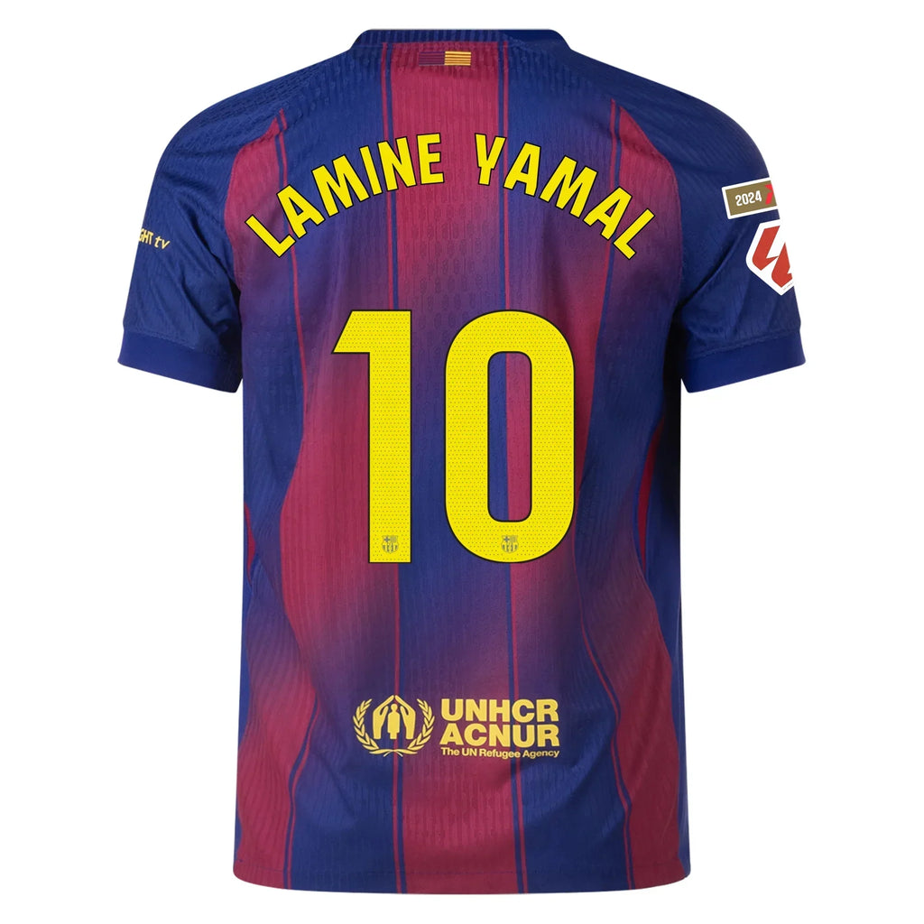 Barcelona Home Kit Lamine Yamal #10 2025/26 (La Liga) – red and striped and blue retro football jersey front view