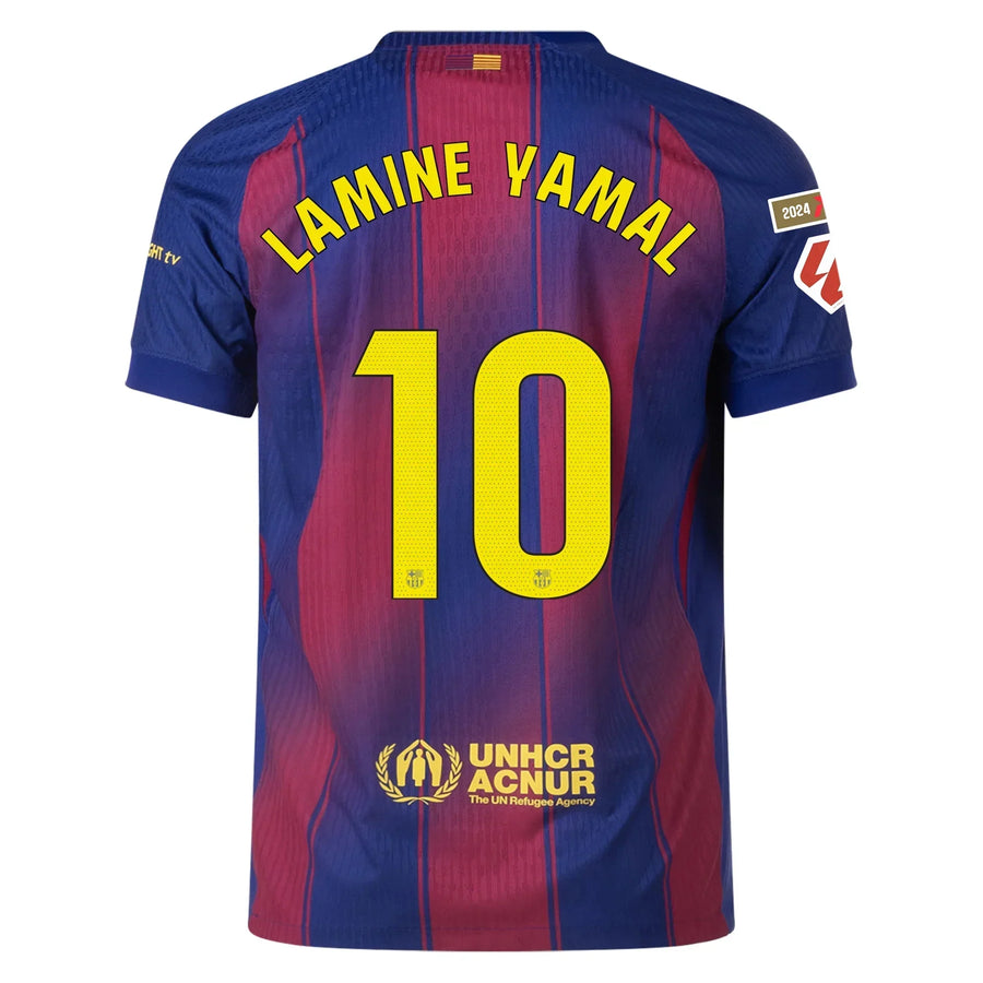 Barcelona Home Kit Lamine Yamal #10 2025/26 (La Liga) – red and striped and blue retro football jersey front view
