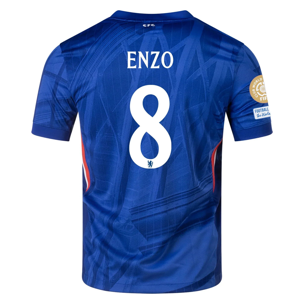 Chelsea Enzo Fernández Home Kit 2025/26 WC Champions – geometric and blue retro football jersey front view